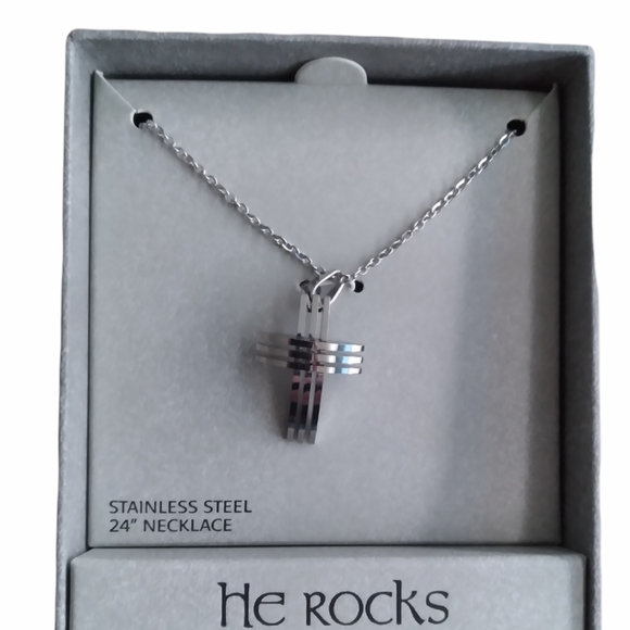He Rocks Men's Stainless Steel 24" Cross Necklace - Picture 2 of 5